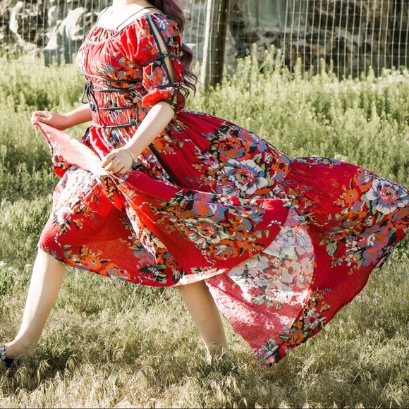Floral Tie Waist Maxi Dress - Red - Picture 3 of 7
